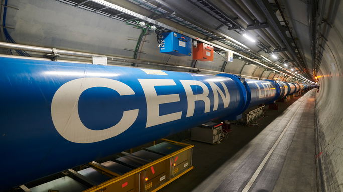 CERN.jpg A chain of LHC dipole magnets inside the tunnel at point 1 (ATLAS) towards the end of Long Shutdown 2 at CERN